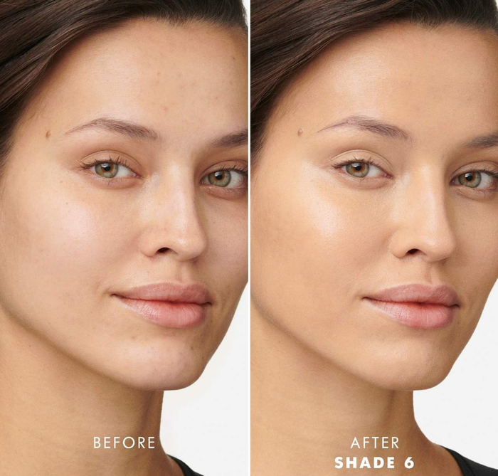 A before-and-after comparison of a model’s face showing the effects of foundation, with labels indicating the changes.
