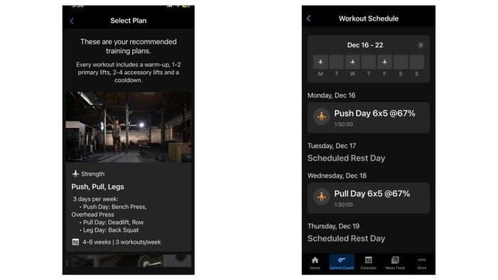 Screenshots displaying the push/pull/legs workout program within the Garmin Connect app