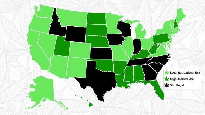 A color-coded map of the U.S. showing states in different shades, indicating where recreational and medical cannabis is either legal or prohibited