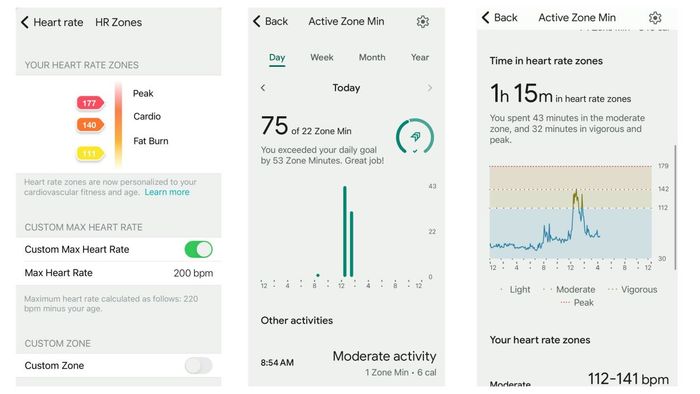 Here are screenshots from the Fitbit app, showcasing the zone settings and zone minutes for tracking your exercise progress.