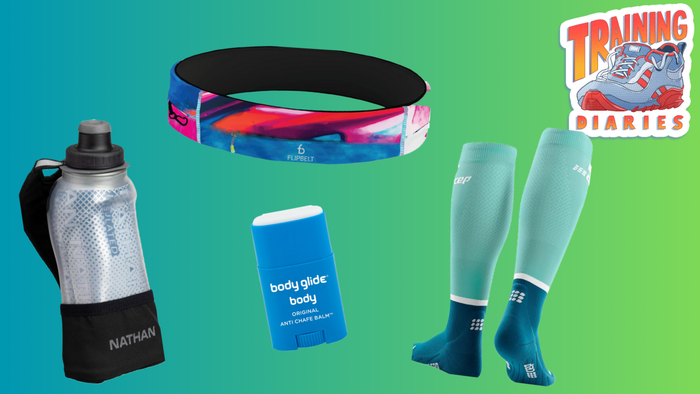 Running belt, compression socks, handheld water bottle, and body glide stick.