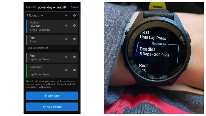 Screenshot showcasing a workout in the Garmin Connect workout builder, followed by the same workout displayed on the watch