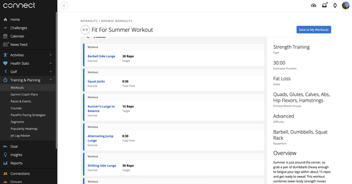 A workout session displayed on the Garmin Connect web platform