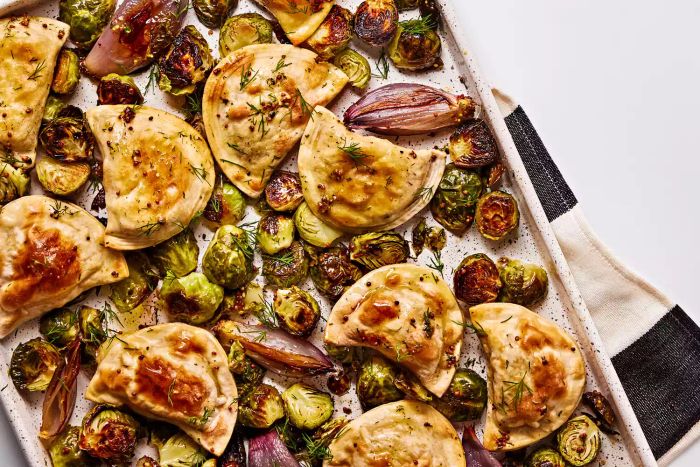 Sheet Pan Pierogies with Roasted Brussels Sprouts, Shallots, and Mustard Dressing