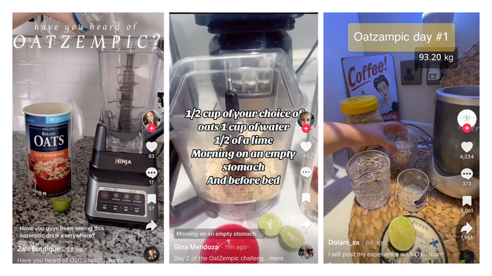 Three photos of blenders filled with oats, with captions saying: 'Have you heard of Oatzempic?', a recipe for the drink (provided below), and 'Oatzempic Day 1'.