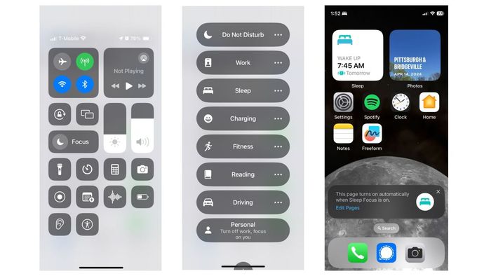 Screenshots: Control Center's Sleep Mode, Focus Mode Settings, Sample Sleep-Optimized Home Screen.