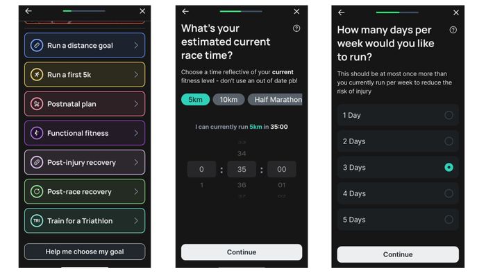 Screens for selecting a training plan