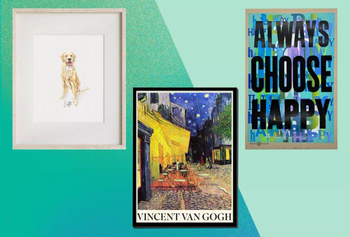 A collage showcasing artworks from our recommended online art retailers, set against a green gradient background