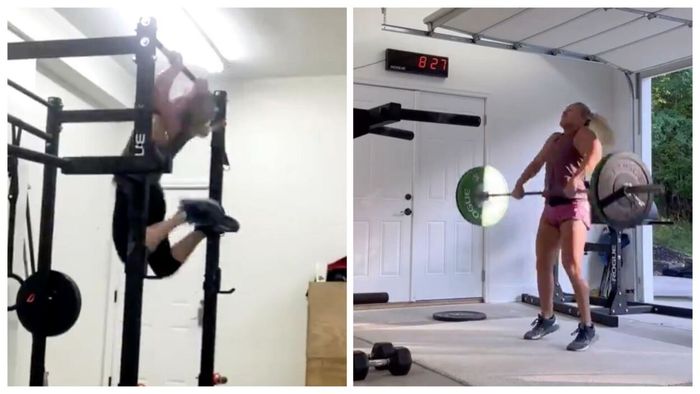 Two screenshots show Marjorie Taylor Greene performing pull-ups and lifting weights in her personal gym.