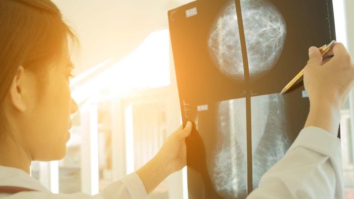 a medical professional analyzing a mammogram
