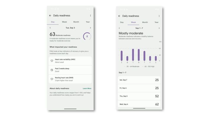 visual examples of today’s readiness score and a weekly overview (from the Fitbit app)