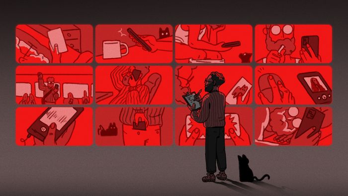 A depiction of an individual jotting down notes while surrounded by a massive array of screens displaying various moments from their life.