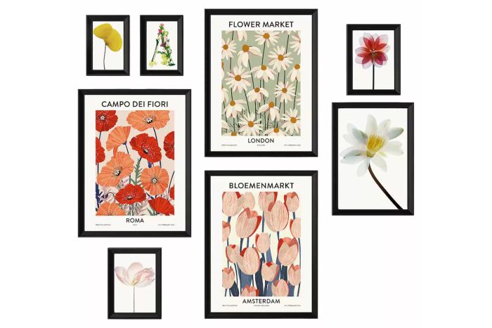 KNOPPÃNG Frame with poster, a set of 8 featuring a flower market design