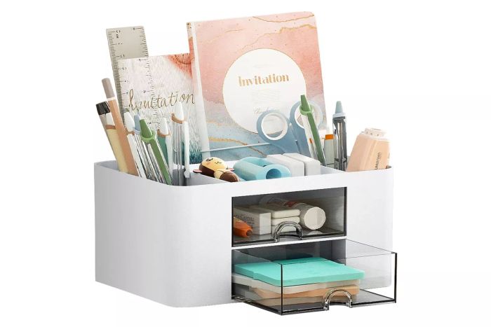 Marbrasse Pen Organizer with 2 Drawers, Multi-Functional Pencil Holder for Desk, Desk Organizers and Accessories with 5 Compartments + Drawer for Office Art Supplies (White)