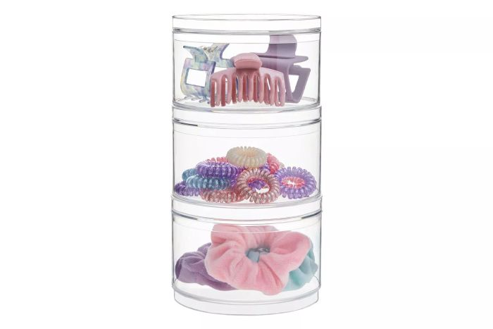 STORi Bella Stackable Clear Plastic Containers (Set of 3), Round Vanity Organizers with Lids for Hair Accessories & Beauty Items | Made in USA