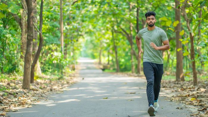 A person jogging, running through the forest