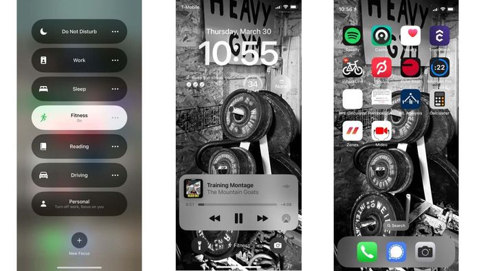 Screenshots showing how to select focus mode, Fitness Mode lock screen, and Fitness Mode home screen