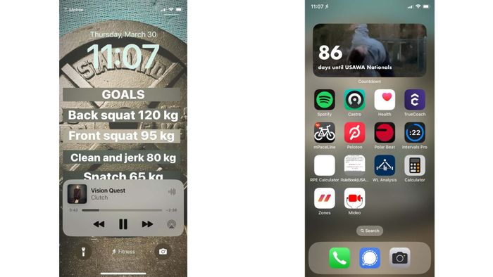 Fitness Mode lock screen showing goals, and the corresponding home screen.