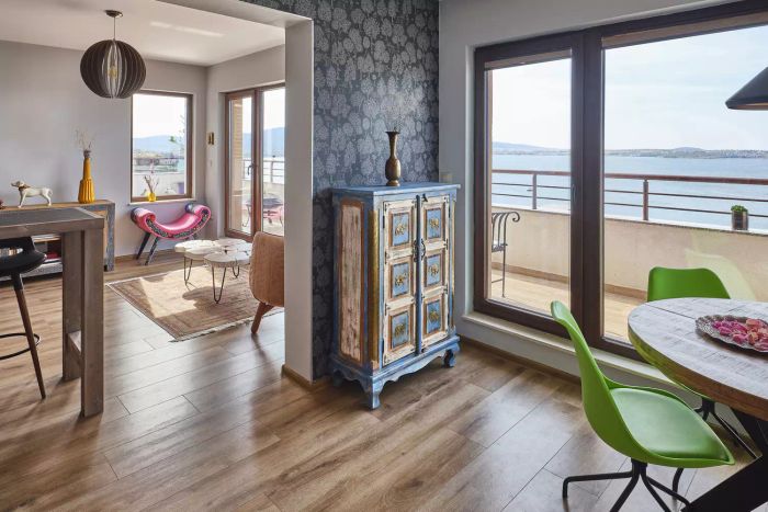 A holiday apartment located along the Black Sea in Bulgaria, showcasing innovative interior design;