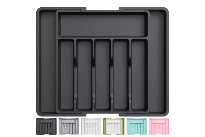 Lifewit Expandable Utensil Tray for Kitchen, BPA-Free Storage for Cutlery, Adjustable Plastic Organizer for Spoons, Forks, and Knives, Large, Black