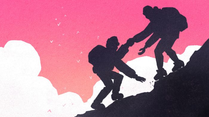 A drawing of one person assisting another as they climb a steep mountain slope