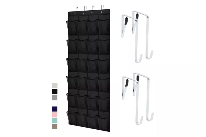Gorilla Grip Over the Door Shoe Organizer, 24 Large Breathable Mesh Pockets, Space Saving Hanging Storage Holder, Closet Rack Hanger Holds Up to 40 lbs, Hangs on Closets for Shoes, Accessories, Black