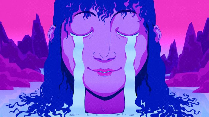 A creative depiction of a woman shedding tears so abundant they form a lake around her