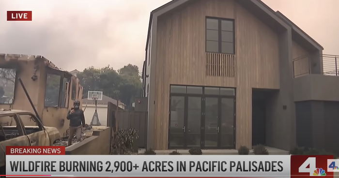 A news segment shows a burned-out house and car, remnants of a wildfire in Pacific Palisades, with a reporter at the scene. The breaking news banner reads 