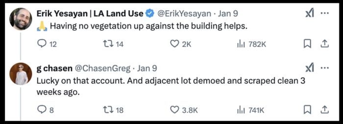 Tweet replies regarding land usage focus on vegetation and the clearing of lots.