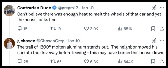 Two Twitter posts describe how a car's wheels melted due to extreme heat, while a house remained unharmed. One post mentions molten aluminum.