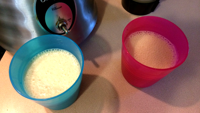 Shakes resting in cups beside my Osterizer blender.