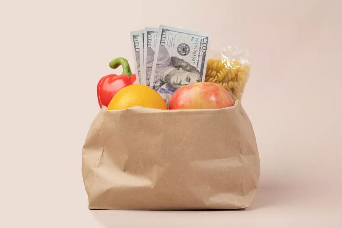 a grocery bag filled with cash.