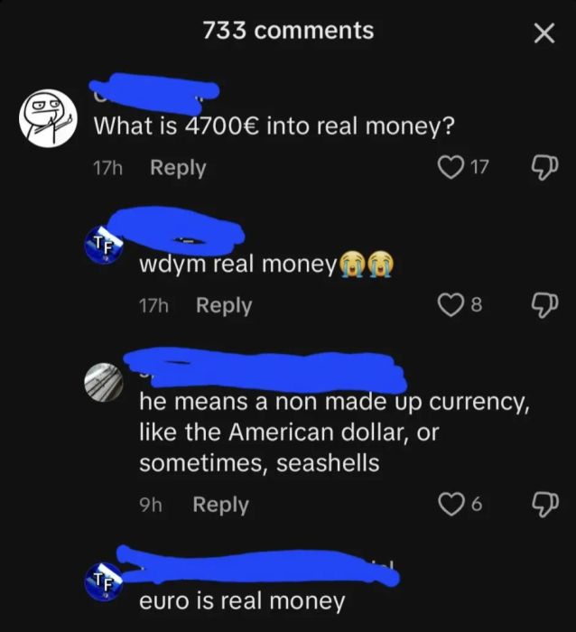 A screenshot of a social media post with witty comments about turning euros into "real money," humorously highlighting that the euro is indeed legitimate currency.