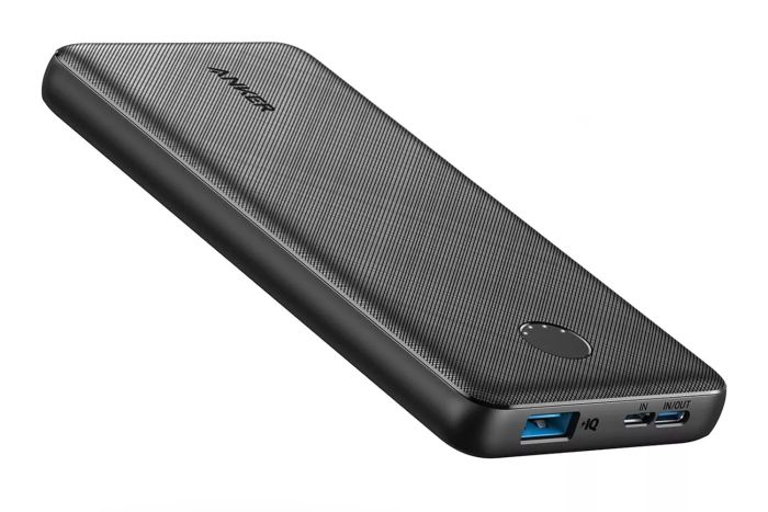 The Anker Power Bank (PowerCore 10K) is a portable 10,000mAh battery pack with PowerIQ charging technology that ensures 5V/3A high-speed charging for devices like iPhones, iPads, and more. It features both USB-C input and output ports and comes in black, packed as a single unit for convenient travel use.