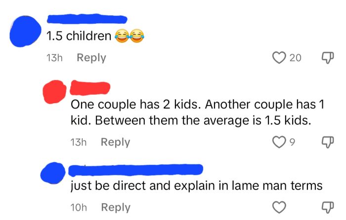 A lighthearted social media conversation explains how the average number of 1.5 children results from two families with a combined total of three kids.