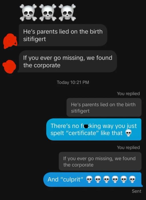 A text conversation filled with playful spelling mistakes and skull emojis, highlighting the incorrect use of the words 'sitfigert' and 'corporate.'