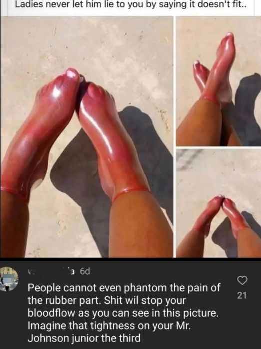 A text overlay on an image of sleek, form-hugging rubber socks draws attention to the discomfort and tightness of the material
