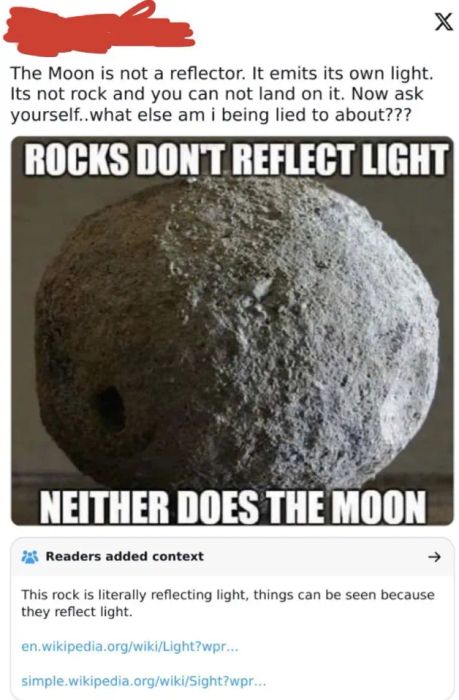 An image depicting a rock accompanied by a statement claiming the Moon emits light like a rock. A fact-check note clarifies that rocks only reflect light.