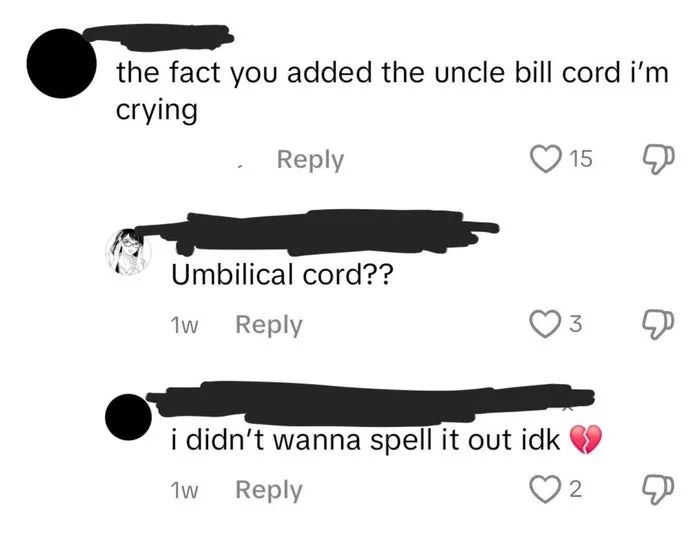 Social media users poking fun at a typo where 'umbilical cord' was mistakenly written as 'uncle bill cord,' followed by a flurry of laughter reactions.