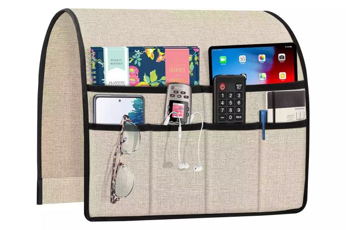 Amazon Joywell Beige Remote Control Holder Recliner Armchair Caddy Sofa Armrest Organizer Linen Fabric Tan Taupe Sofa Arm Chair Caddie with 6 Pocket Storage for Magazine, Tablet, Phone, iPad