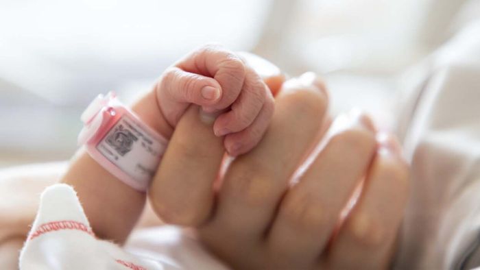 A close-up of a newborn’s tiny hand, wearing a hospital bracelet, grasping an adult's finger.