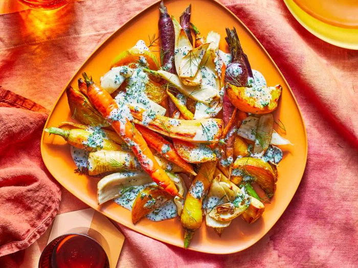 Caramelized Vegetables With Poppy Seed Dressing on a Soft Pink Cloth