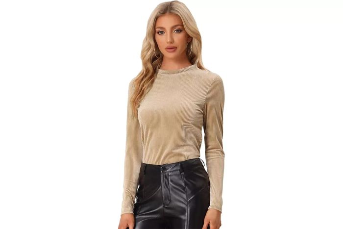 Allegra K Women's Casual Velvet Top Mock Neck Long Sleeve Ribbed Velour Blouse