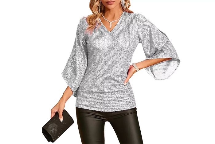 Sequin Tops for Women 3/4 Sleeve Blouse, Dressy Sparkly Tops