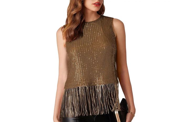 Grace Karin Sparkly Fringe Sleeveless Crewneck Tops for Women