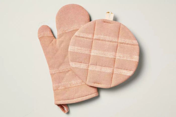 Hearth & Hand with Magnolia 2pc Textured Stripe Oven Mitt Set Gingham Blush