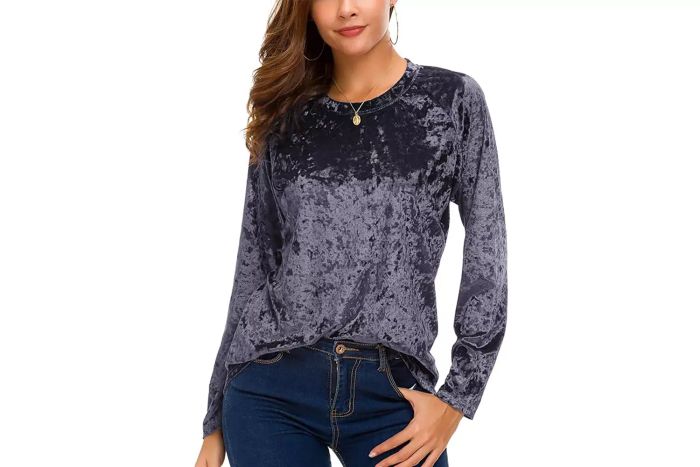 Women's Vintage Velvet T-Shirt, Casual Long-Sleeve Top