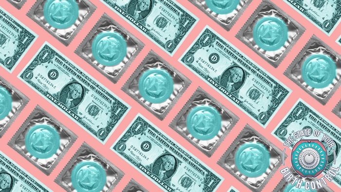 A visual collection featuring dollar signs and wrapped condoms in an alternating pattern