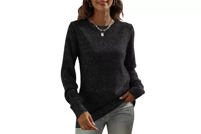 Dutut Women's Long Sleeve Glitter Crewneck Pullover Sweater, Basic Casual Solid Color Tunic for Fall, Soft Sweater
