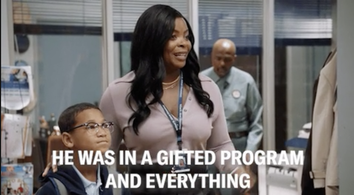 a woman with a young boy stating, "he was part of a gifted program and everything"